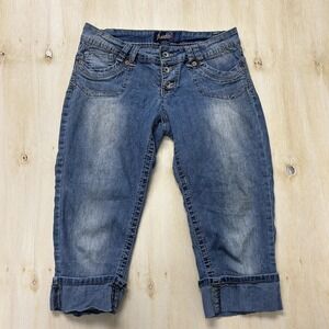 Y2K Angels Capri Jeans Womens 11 Medium Wash Cuffed Button Fly Stretch Denim
